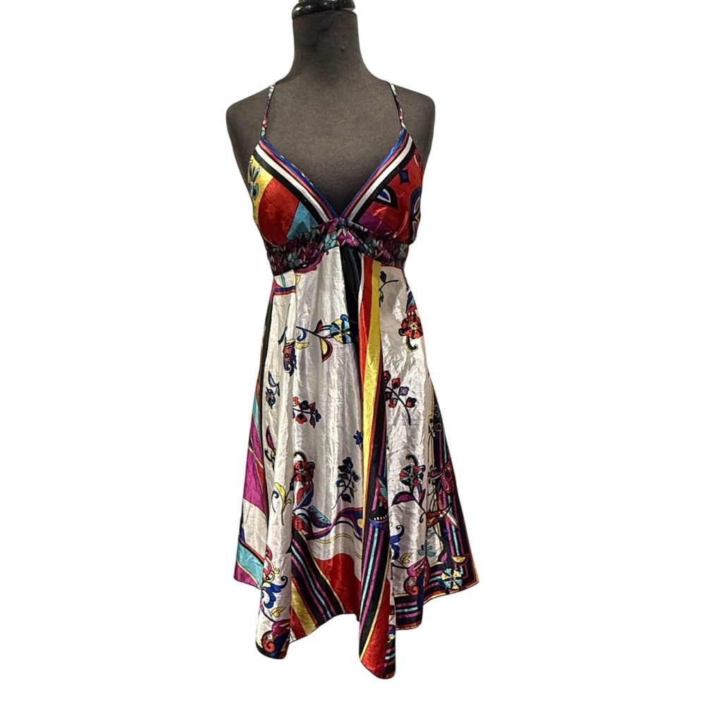 Banana USA Women Scarf Print Handkerchief Hem Dress Multi-Color V-Neck Small